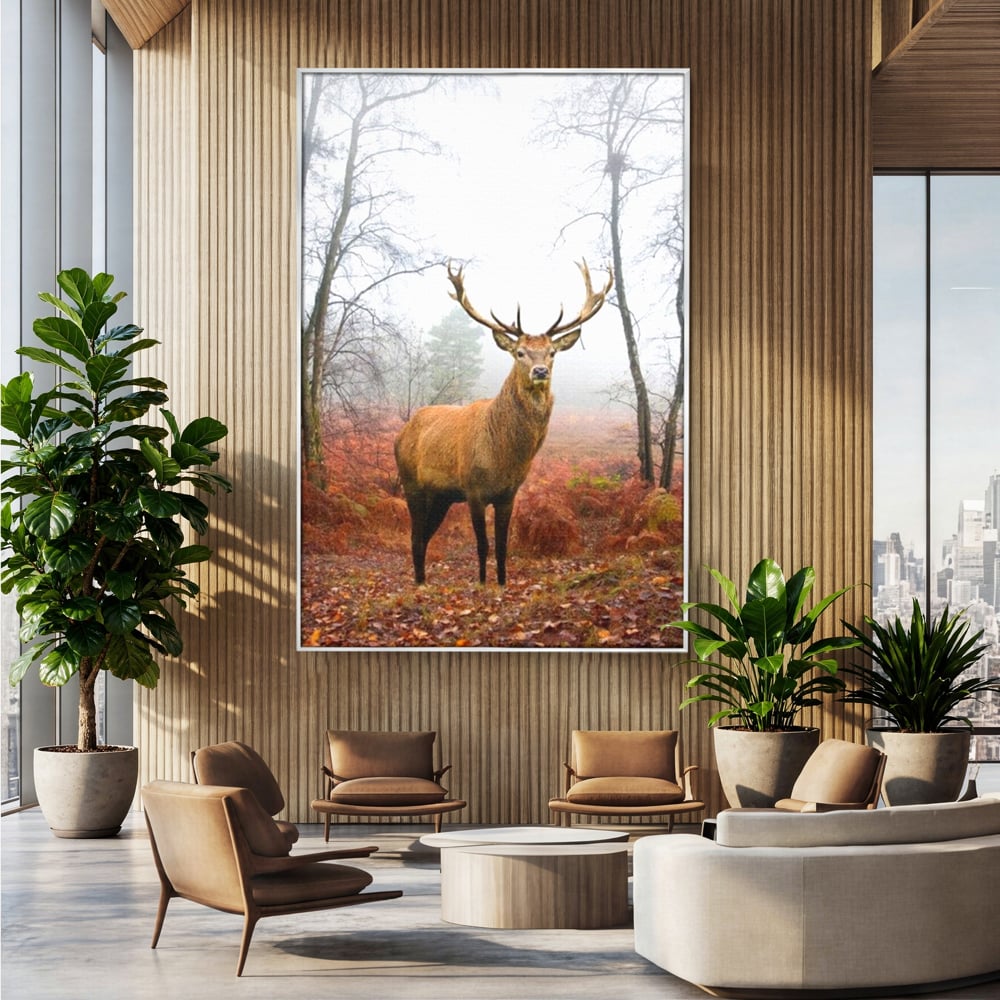 Tablou canvas cu tablou canvas cu cerb in padure cu ceata, in rama de aluminiu argintiu, pe perete intr-un birou